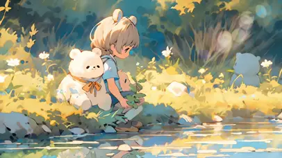 水边小女孩小熊