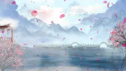 中国风唯美花瓣仙境山水画