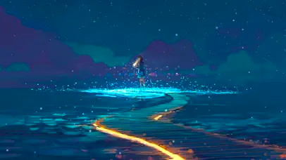 夜晚星空水中铁轨女孩