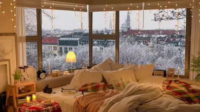 4K冬季城市舒适的卧室