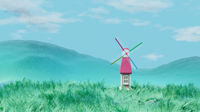 白云、风车、草地、远山