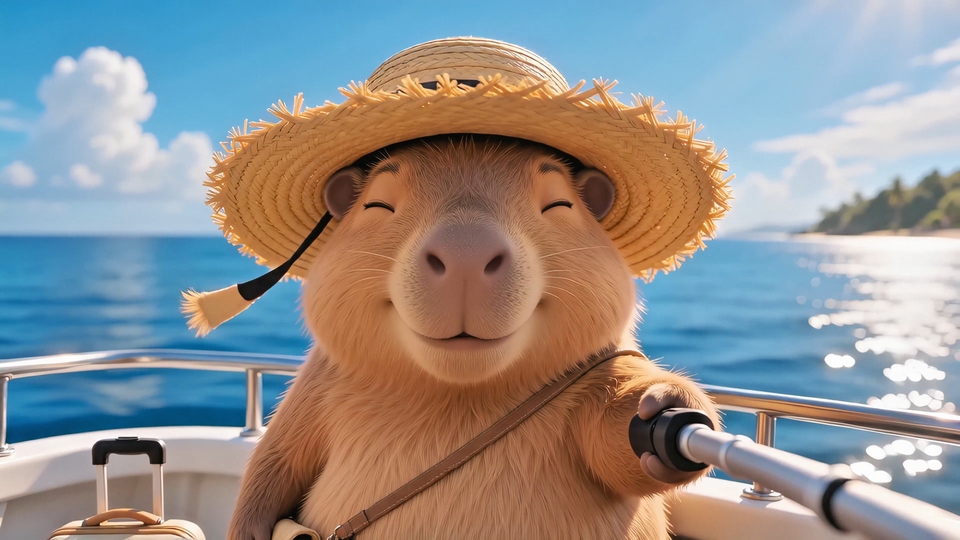 画面为亮蓝色热带海面与浅色游艇甲板，戴米黄色草编帽的拟人化浅棕色卡皮巴拉站在甲板上，远处是热带海岸。