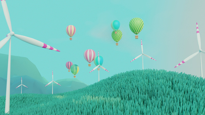 蓝天、白云、热气球、风车和绿草