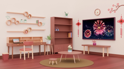 3D烟花主题书架壁纸