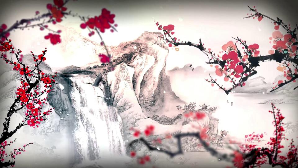 水墨国风山水瀑布前有几枝盛放的艳红色梅花，浅米白晕染背景搭配墨黑色山石。