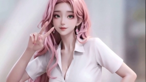 粉发美女循环比耶