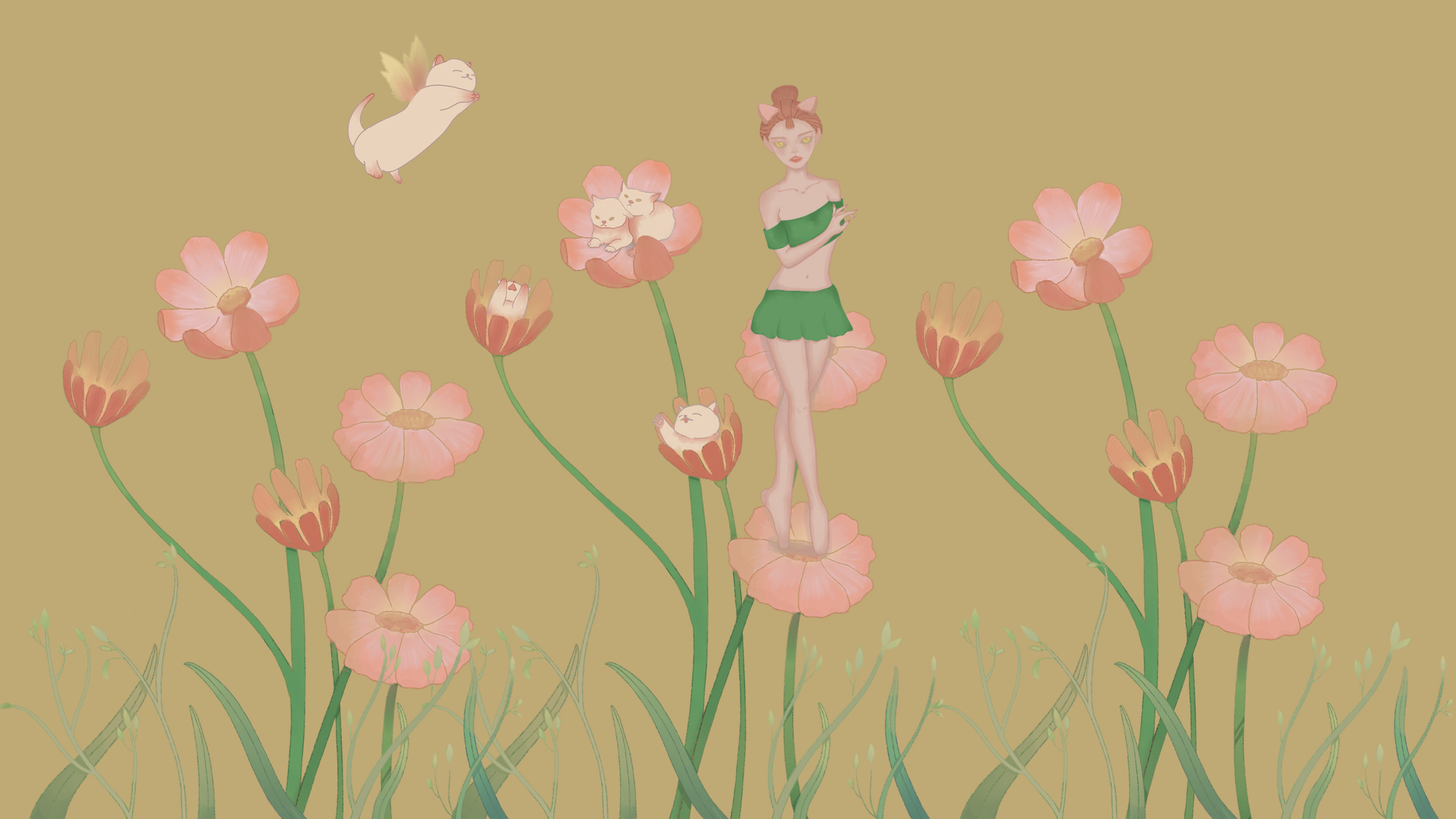 花上的少女与猫(动物静态壁纸) - 静态壁纸下载 - 元气壁纸