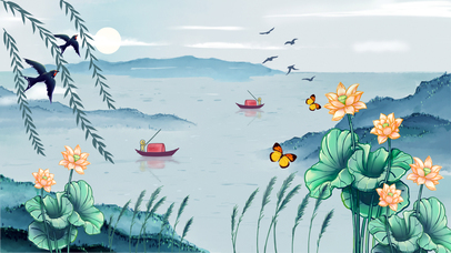 荷花、蝴蝶、燕子、小船