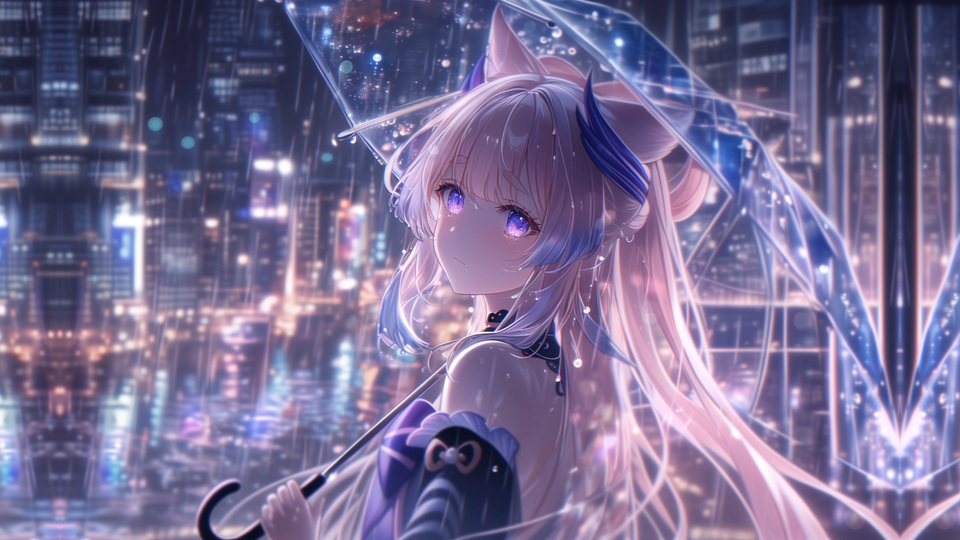 雨夜亮灯的都市背景里，粉蓝渐变长发的猫耳少女撑着透明雨伞回望，发丝与伞面都沾着晶莹雨滴。