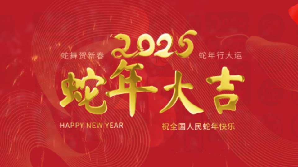 大红色底色的国风喜庆新春画面，中央是金色立体蛇年大吉文字，上方为金色艺术2025字样，两侧点缀浅金色波浪环线与小型祝福语文字。