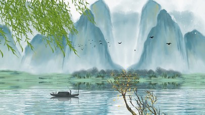 山水行舟中国风国潮风景水墨