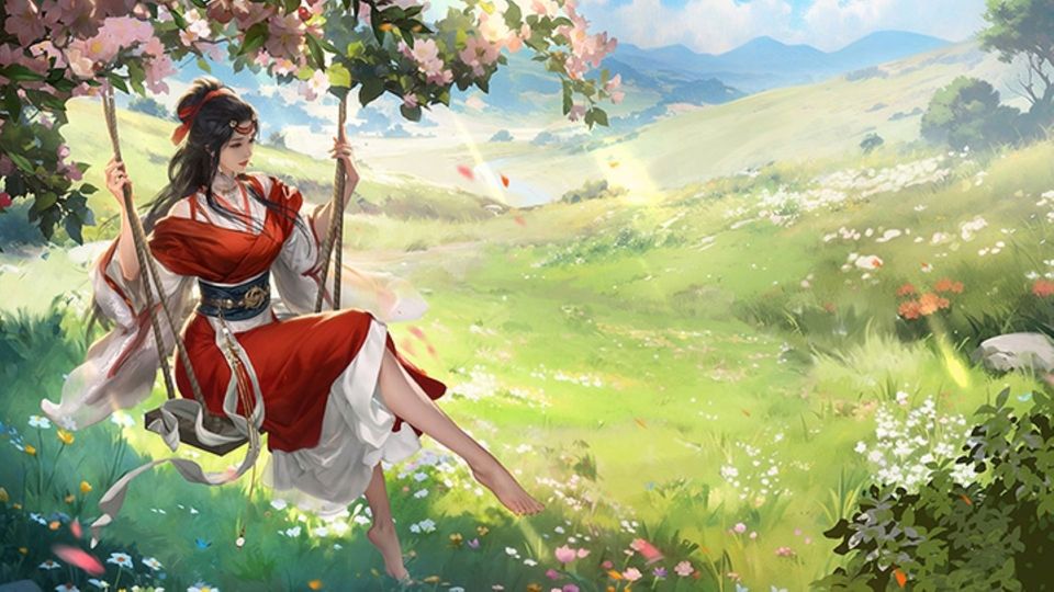 红白汉服少女坐秋千于春日青花草坡旁