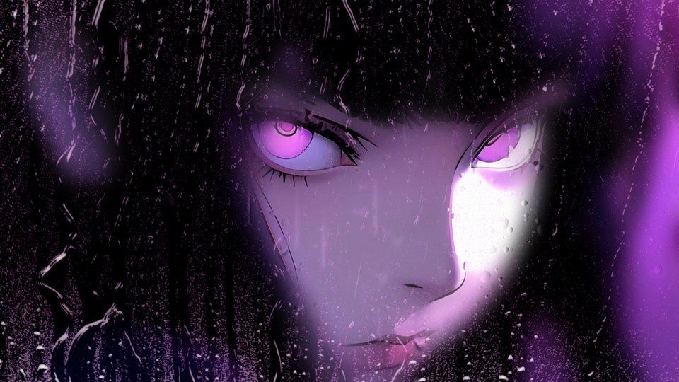 隔雨玻璃的紫瞳黑发少女脸部特写，冷感神秘。