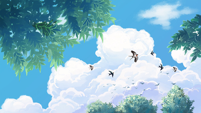 天空云朵绿树小鸟