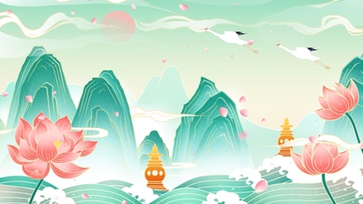 国潮古风山水插画荷花祥云山峰