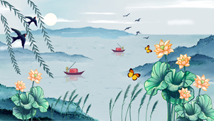 荷花、蝴蝶、燕子、小船