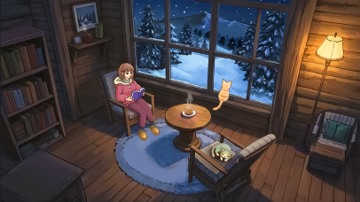 雪夜森林里的小猫、少女和木屋