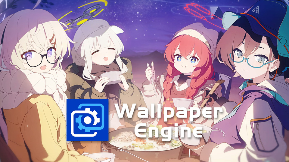 紫蓝星空下四位穿厚冬装的少女围坐吃火锅