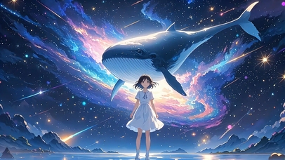 女孩凝眸星空，鲸鱼悠游宇宙