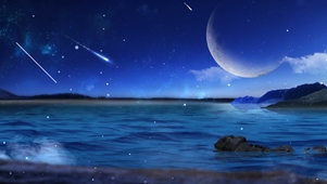 夜晚星耀海面，流星划过明月悬
