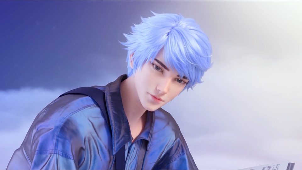 浅蓝短发3D动漫男性近景特写，身着亮面蓝灰外套，云雾渐变背景。