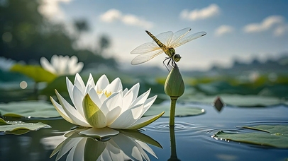 立夏湖荷映天空，蜻蜓点水如画