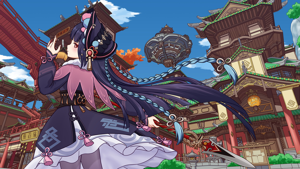 原神角色云堇身着钴蓝色镶金边戏服，佩戴传统发饰，手持红缨长枪立于左侧，背景是晴日下的璃月中式古风城镇建筑群与淡蓝色晴空。