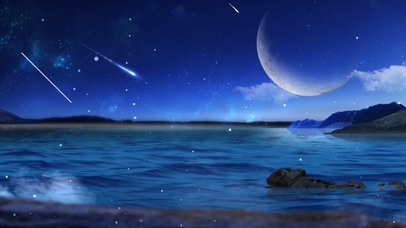 夜晚星耀海面，流星划过明月悬