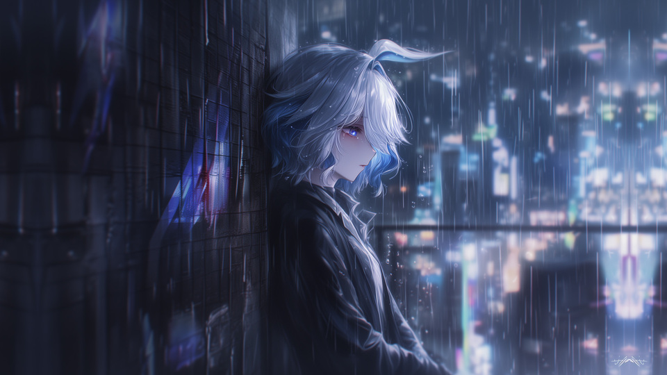 雨夜霓虹都市背景前，倚靠深色墙面的蓝发白瞳二次元人物，垂眸静立。