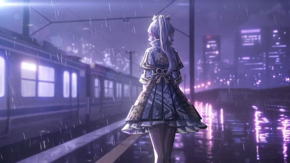 二次元梦幻画面：淡紫长发古风少女立于雨夜站台，身旁停靠亮灯列车，远处城市楼宇在雨幕中亮灯，整体为淡紫与冷蓝色调。