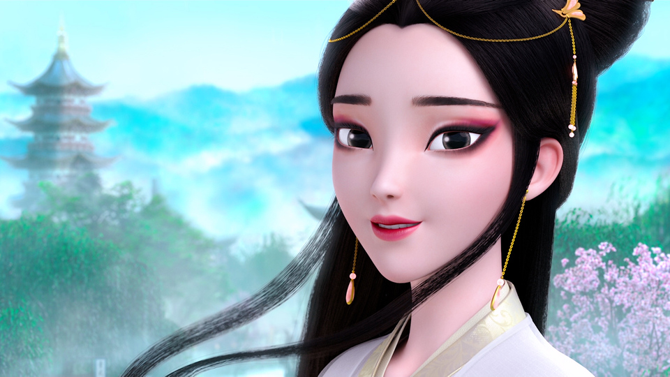 3D古装女子立于粉花古塔与青绿山峦前