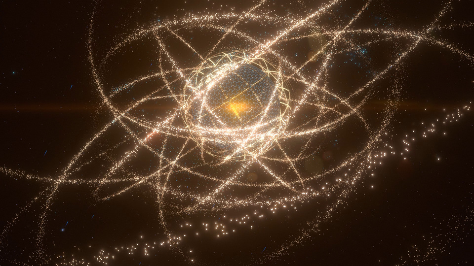 深黑星空背景中，金色发光粒子组成的交错轨道网状结构包裹着中心暖光球体，四周点缀蓝白色星点与拖尾流星。