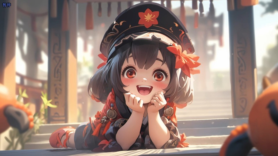 Q版萌系少女托腮趴伏在古风石阶上