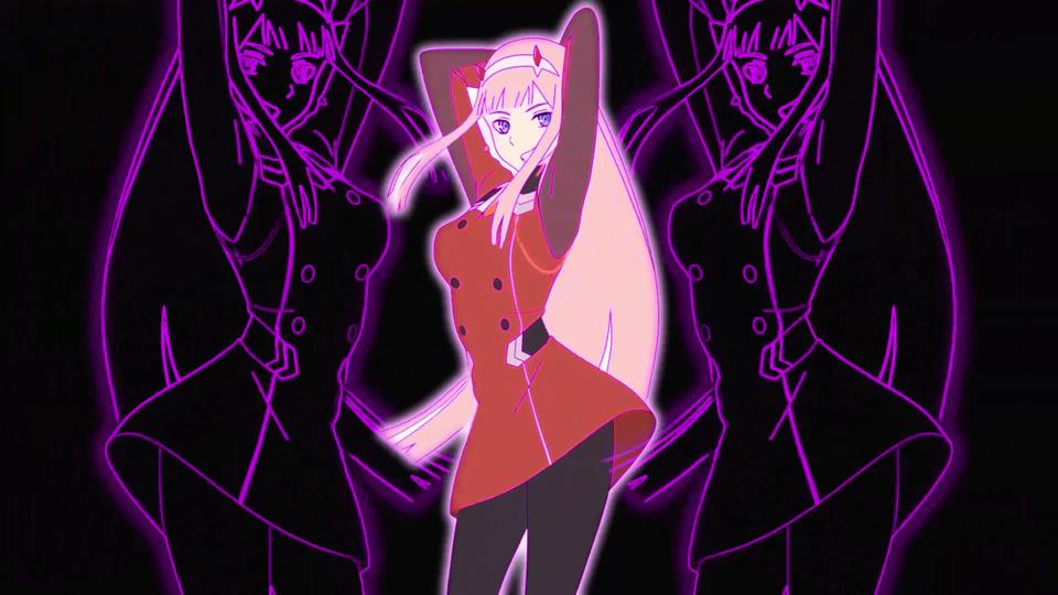 黑底紫线描动漫少女，中央身着红衣粉长发，两侧对称同形象轮廓。
