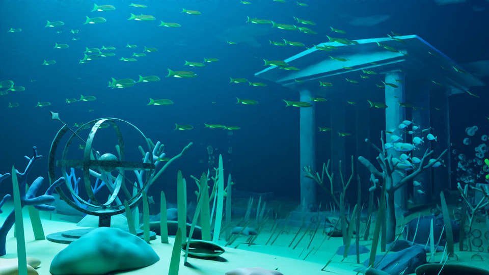 蓝调水下水族场景，分布海草、珊瑚、古旧浑天仪与古典石建筑，成群黄绿色小鱼游弋其间。