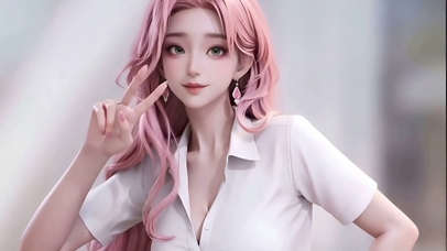 粉发美女循环比耶