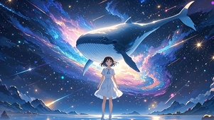 女孩凝眸星空，鲸鱼悠游宇宙