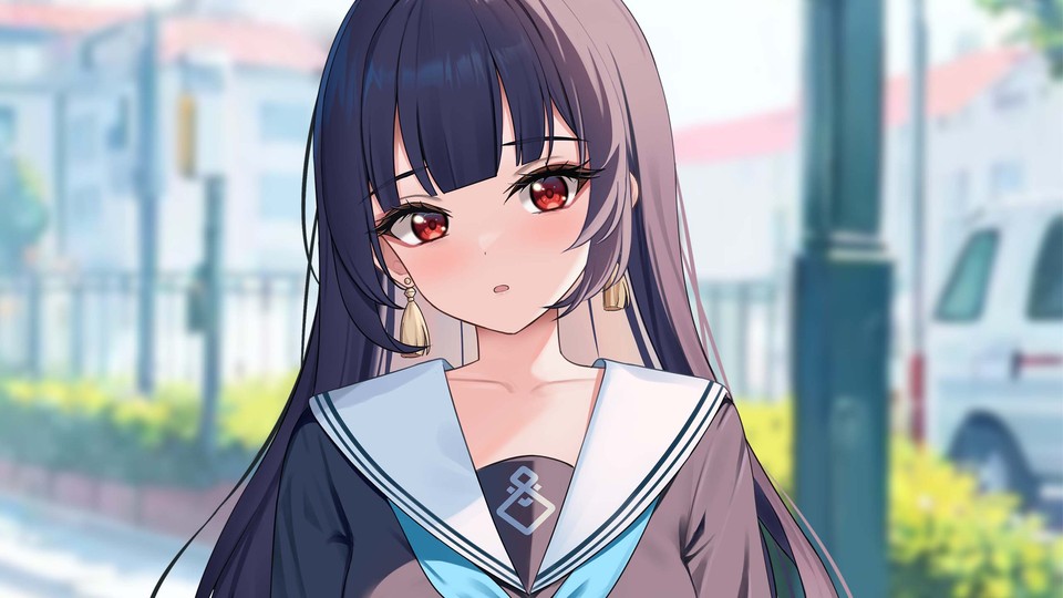 黑长直齐刘海红瞳少女身着水手服，立于日间明亮街景近景中。
