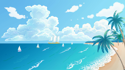 白云大海帆船沙滩椰树