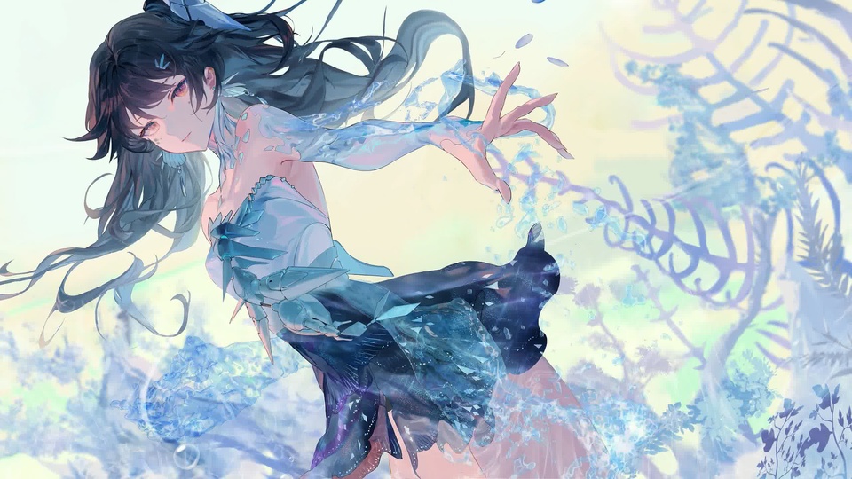 黑长发水元素少女动漫插画，蓝调水纹纱裙搭配淡彩朦胧背景