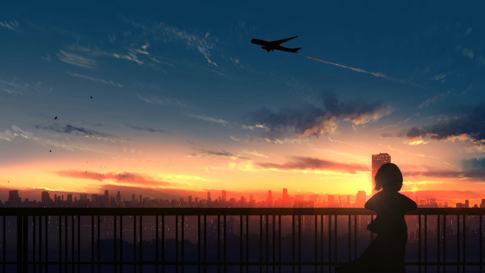 露台上短发女孩倚栏眺望日落城市，蓝橙渐变天空掠过客机。