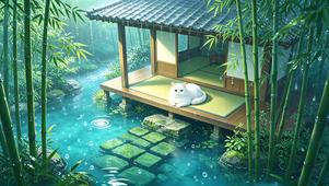 雨落竹居，白猫闲卧