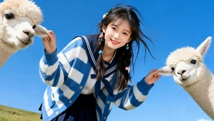 超元气！戏耍羊驼的萌妹纸~