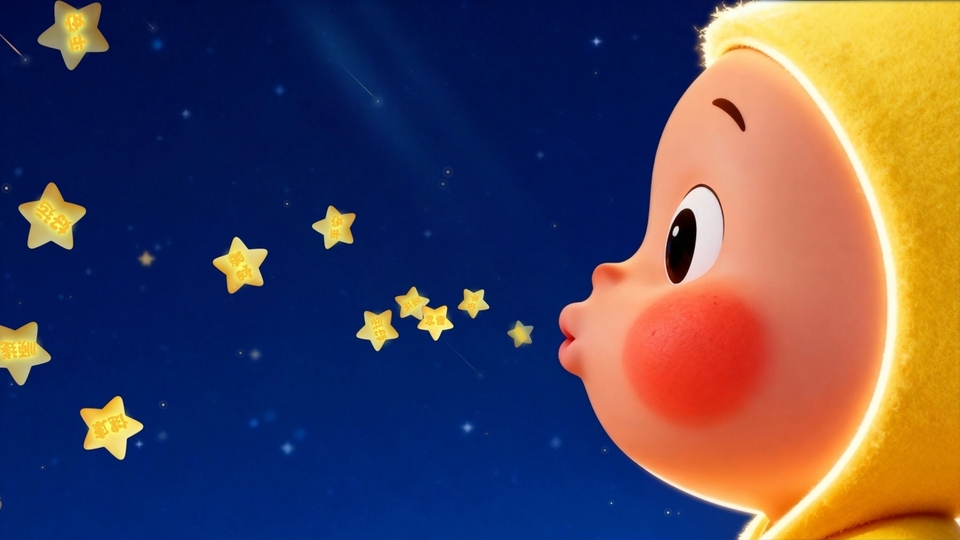 黄兜帽卡通幼儿侧脸嘟嘴，朝向深蓝星空里的发光五角星