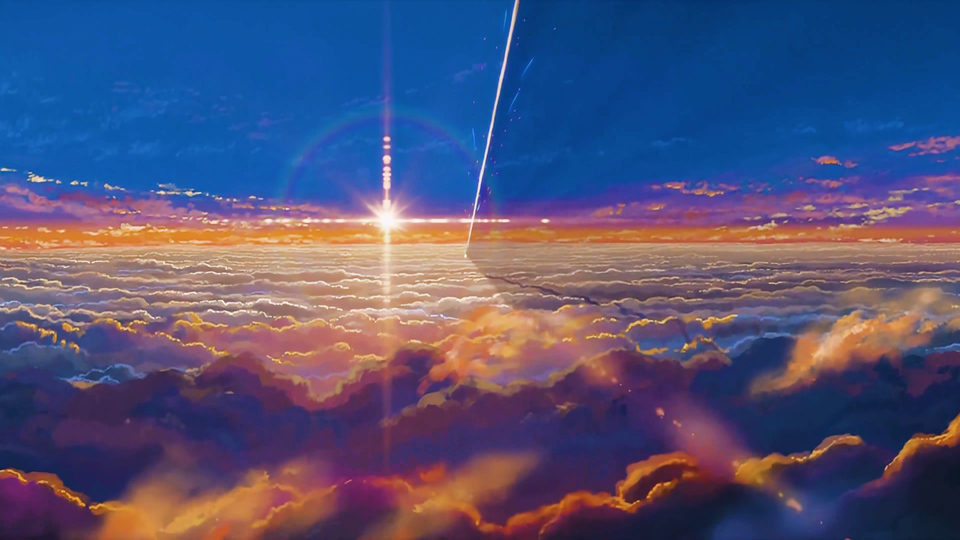 橙紫蓝渐变高空云海黄昏动漫插画，地平线太阳放射星芒，斜向亮线划破蓝天。