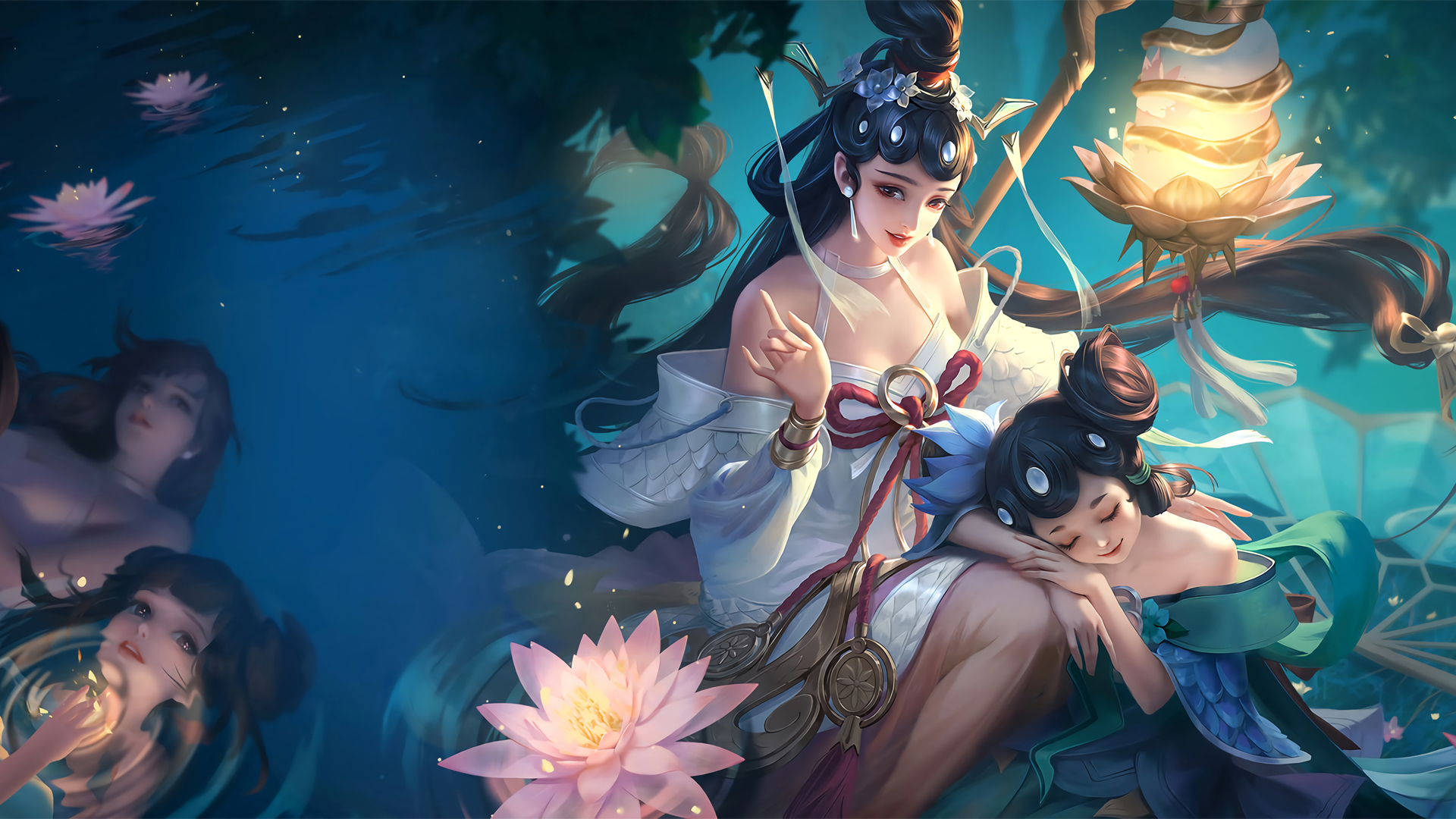 青蓝色荷塘夜景，白衣古装女子与双发髻少女，暖光莲花灯与粉莲点缀水面。
