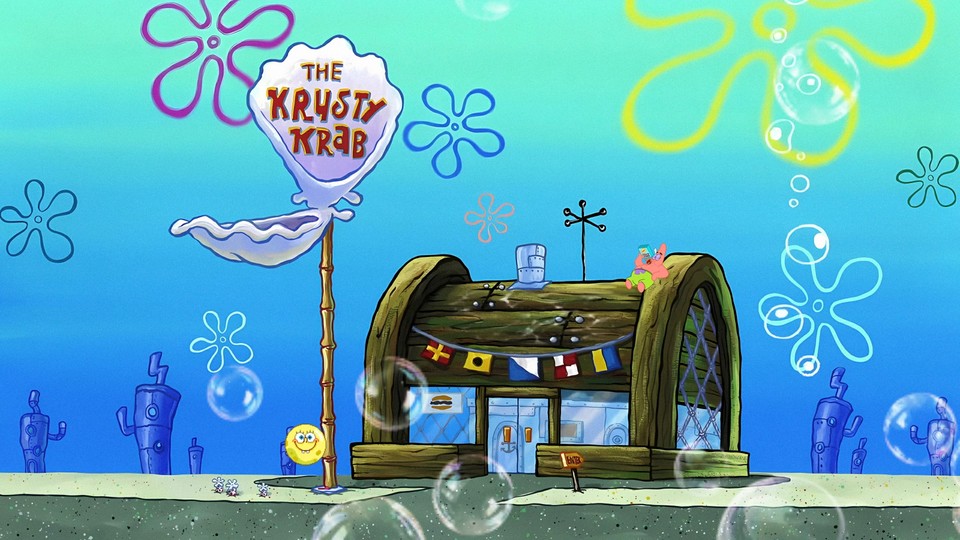 海底沙地上的木质弧形蟹堡王餐厅，贝壳造型招牌写有“THE KRUSTY KRAB”，旁侧有黄色圆形笑脸形象，屋顶上有粉色海星，背景为青蓝色渐变海水与透明气泡。