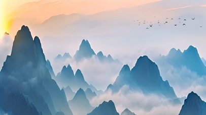古风群山山川迷雾飞鸟日出光