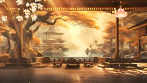 中国风屏风山水画春天古风动态