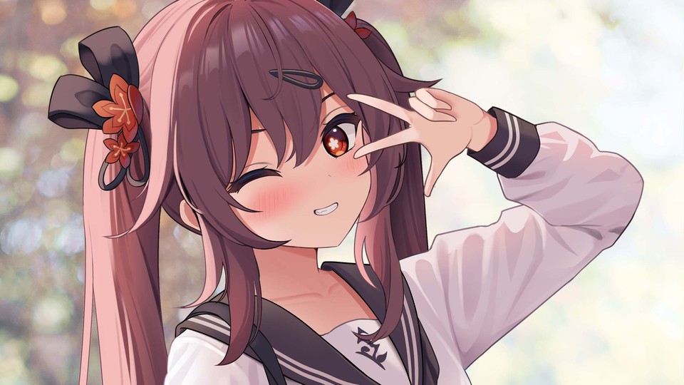 双马尾水手服少女在脸侧比V眨眼，背景为虚化暖光树林